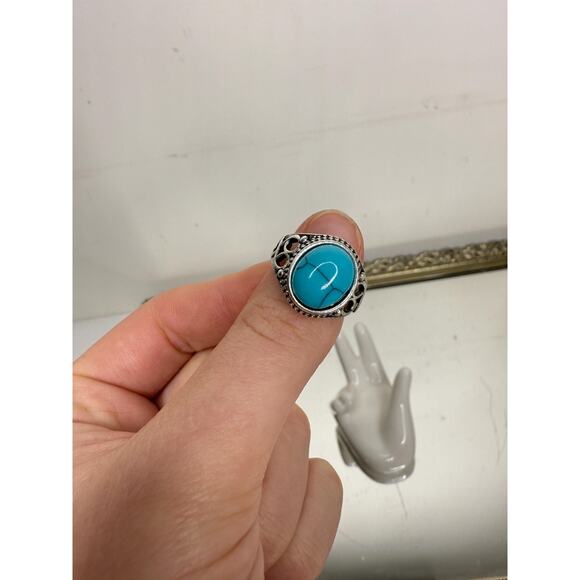 Celtic Blue Oval Faux Silver Turquoise Stone ring Size 6 - Picture 3 of 7